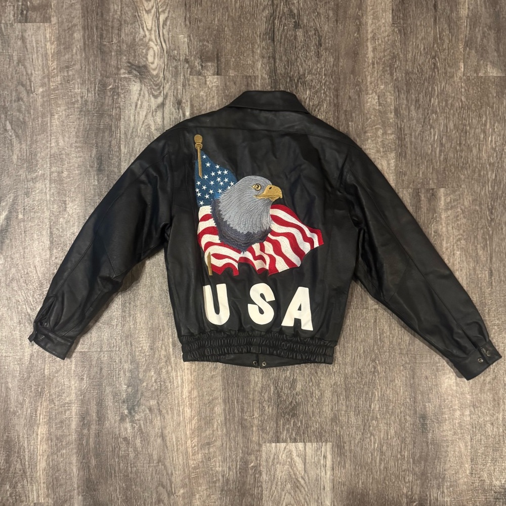 Vintage 90s Genuine Black Leather Jacket with insane embroidered Bald Eagle